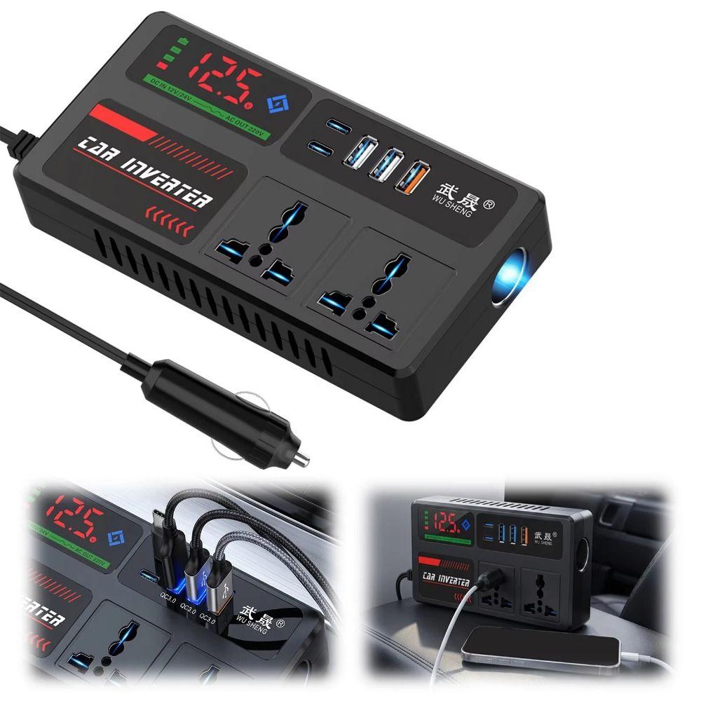 Автомобильный инвертор питания DC 12V/24V в AC 220V, адаптер питания, цифровой дисплей, двойной Type-c, автомобильное зарядное устройство, 3 USB-порта, дышащий свет