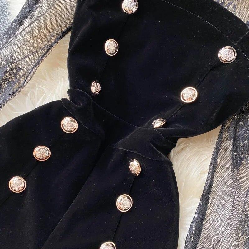 Office Sexy Puff Sleeve Mesh Lace Jumpsuit Women Fashion Double Breasted Elegant Jumpsuit Lady Korean Short Wide Leg Pants Casual Clothing 2024