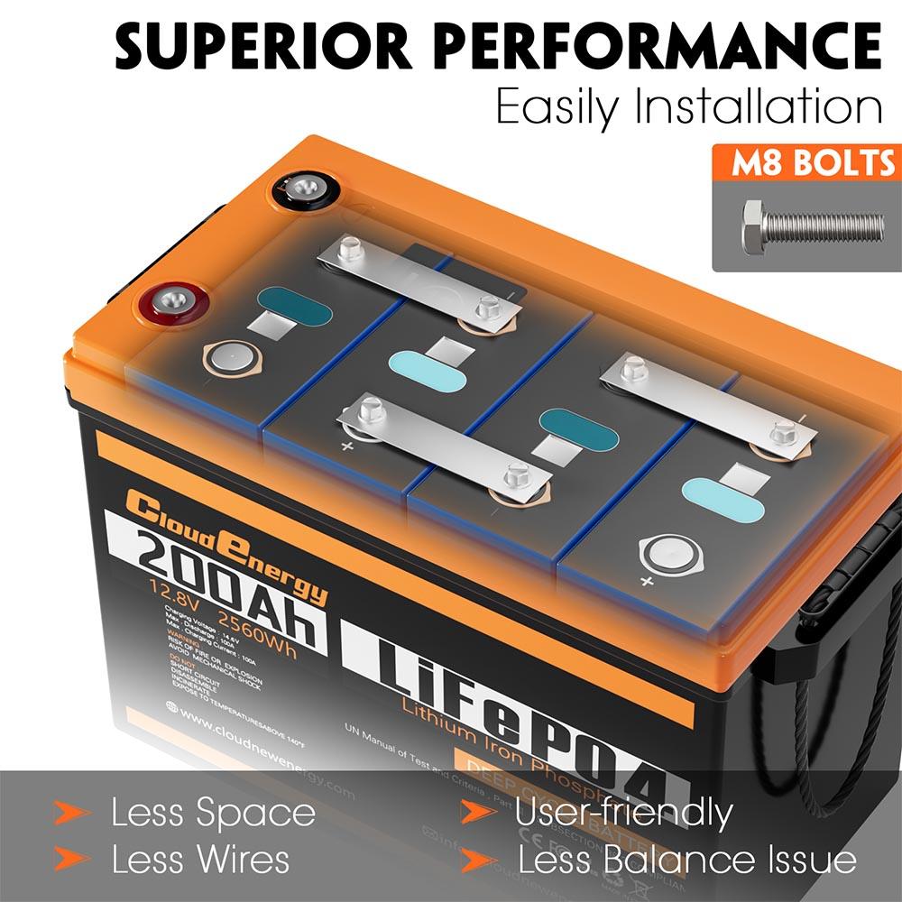 Аккумуляторный блок Cloudenergy 12В 200Ач LiFePO4, резервное питание, 2560 Втч энергии, более 6000 циклов, встроенная BMS 100А