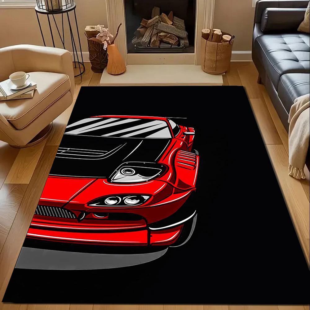 Red Sports Car Illustration on Black Background Patterned carpet, non slip mat suitable for living room and bedroom sofas