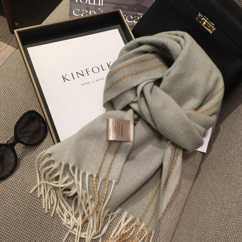 Versatile 100% WOOL Pure Wool Scarf, Women's Solid Color Stitching Design Double-sided Cashmere Shawl Winter Warm Scarf