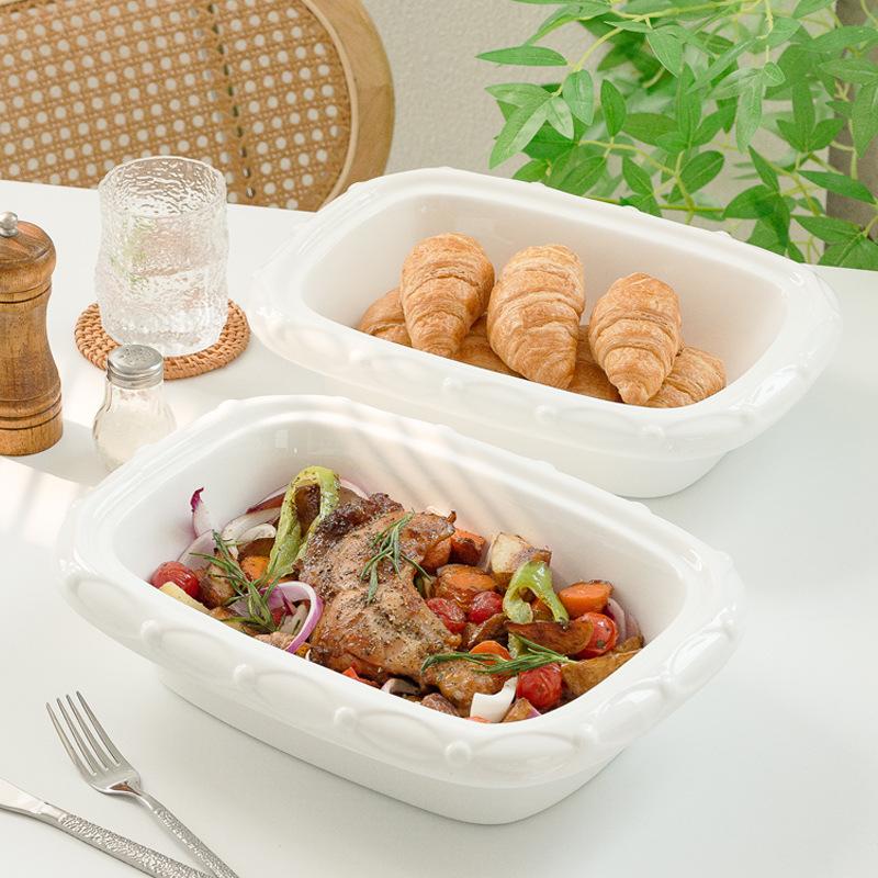 Creative Pearl Edge Fruit Salad Round Bowl Ceramic Soup Bowl Large Rectangle Dry Pot Household Cheese Baked Rice Bowl