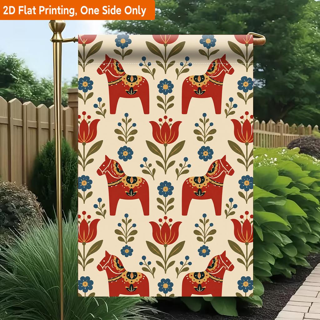 2D Flat, 2D Flat Printing Garden Flag 1pc, Red Horses And Flowers Durable Single-Sided Print Yard Flag, Garden & Home Holiday Decoration, 29.97x44.96