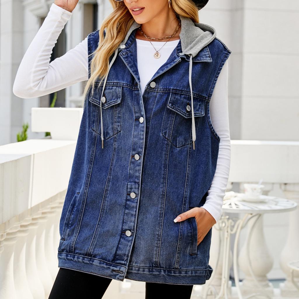 GMXIA Однотонный принт лето весна без рукавов с капюшоном ретро джинсовый жилет свободные повседневные женские трендовые куртки и пальто