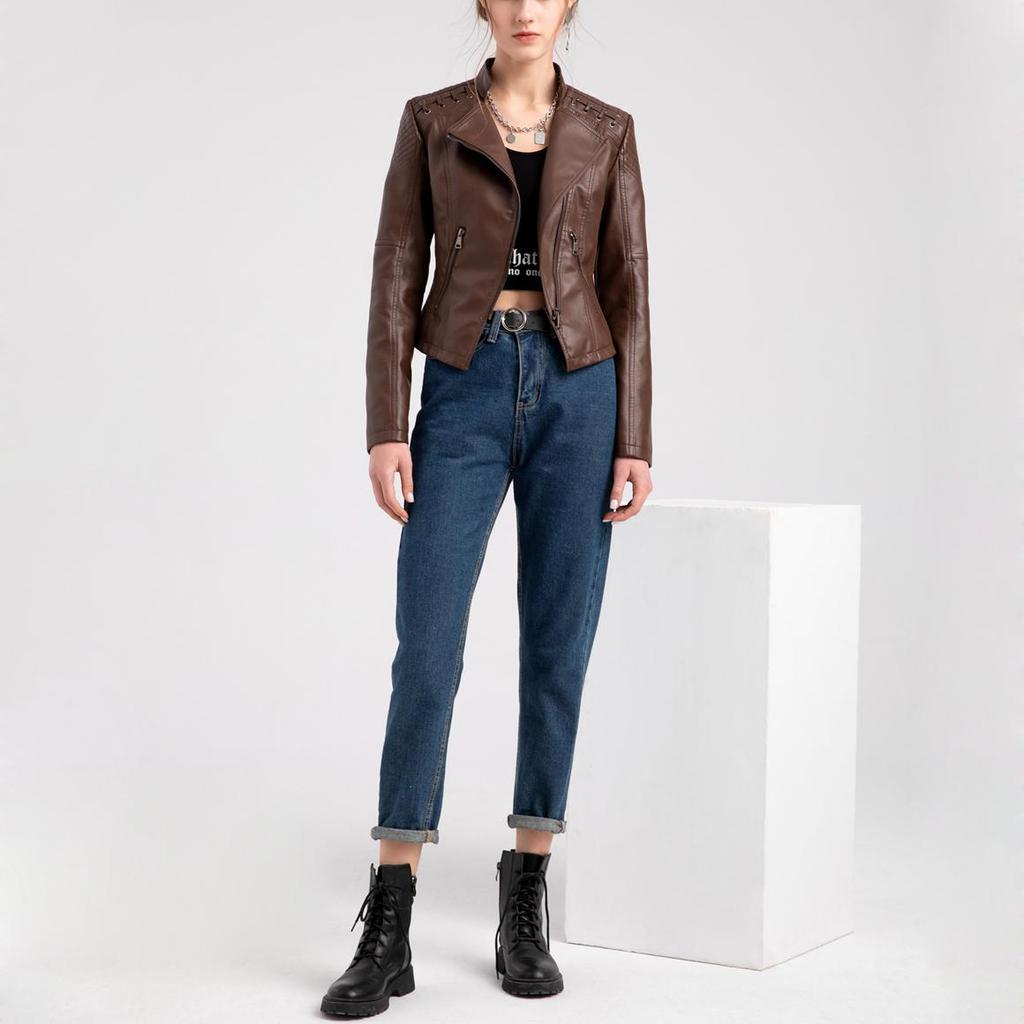 Women's Stylish Faux Leather Jacket Classic PU Moto Biker Fashion Zip Up Casual Short Coat Slim Outerwear with Retro Lacing Detail S-4XL Plus Size