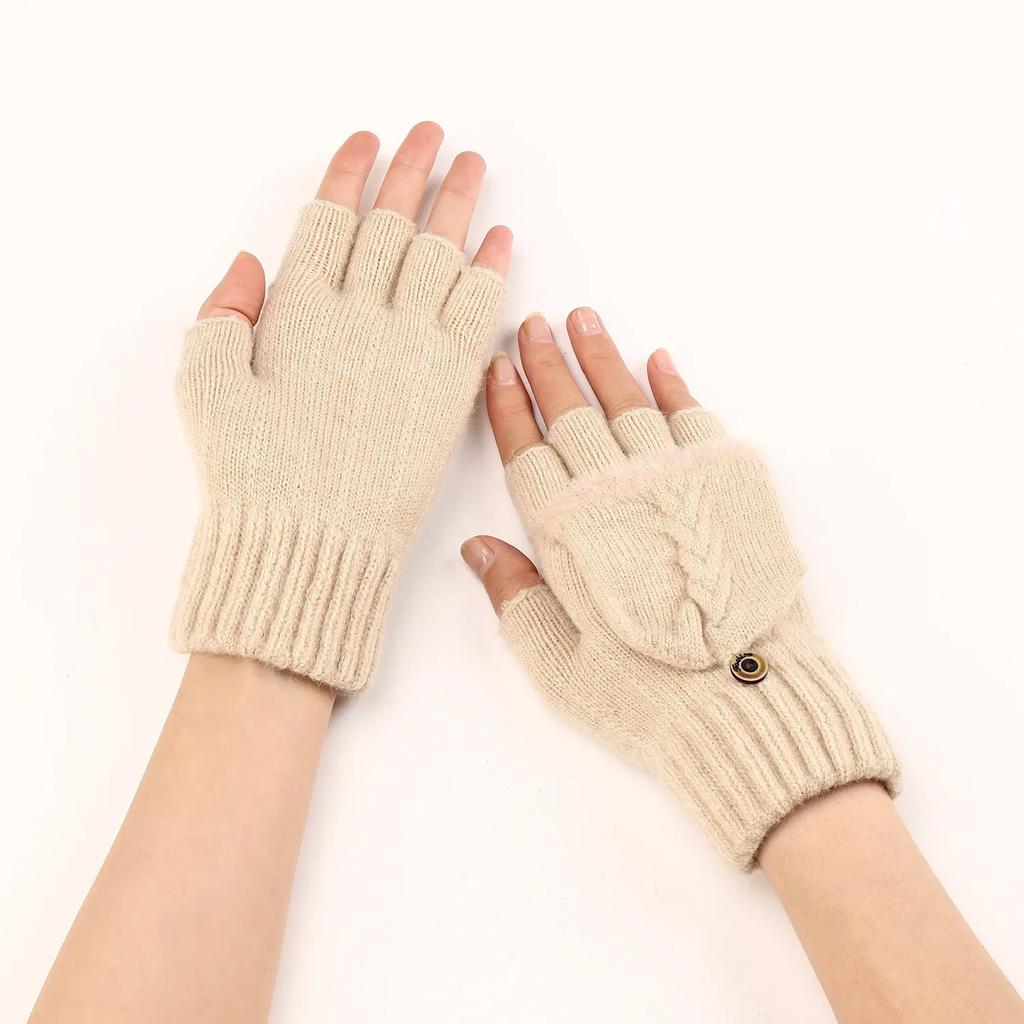 Fingers Free Wool Gloves Women Knitted Flip Fingerless Exposed Finger Thick Glove Mittens Winter Warm Thickening Women Mitts