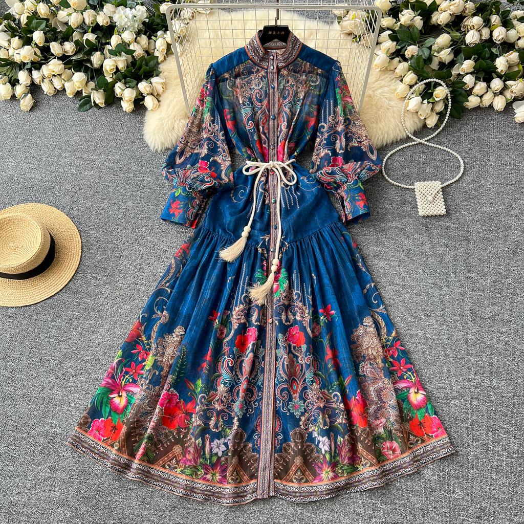 Весна-лето Женское винтажное платье с принтом дворца на подиуме с рукавами-фонариками Длинные макси-платья для отдыха на пляже с поясом