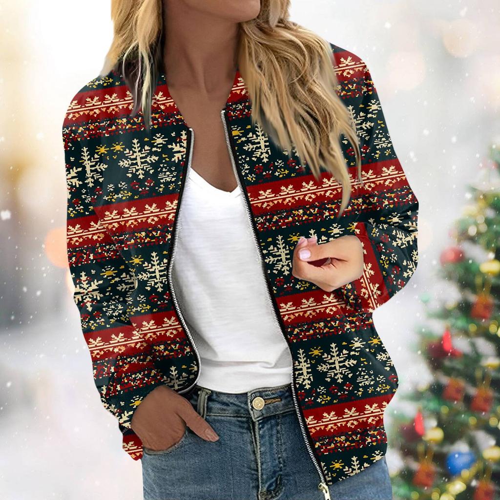 Женская легкая короткая куртка с длинными рукавами на молнии с принтом, повседневная стеганая куртка с карманами, рождественская