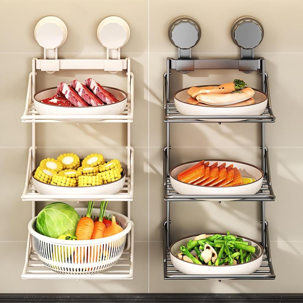 Kitchen Suction Cup Folding Storage Rack Household Multi-Layer Pot Rack Wall Mounted Storage Rack Carbon Steel Material