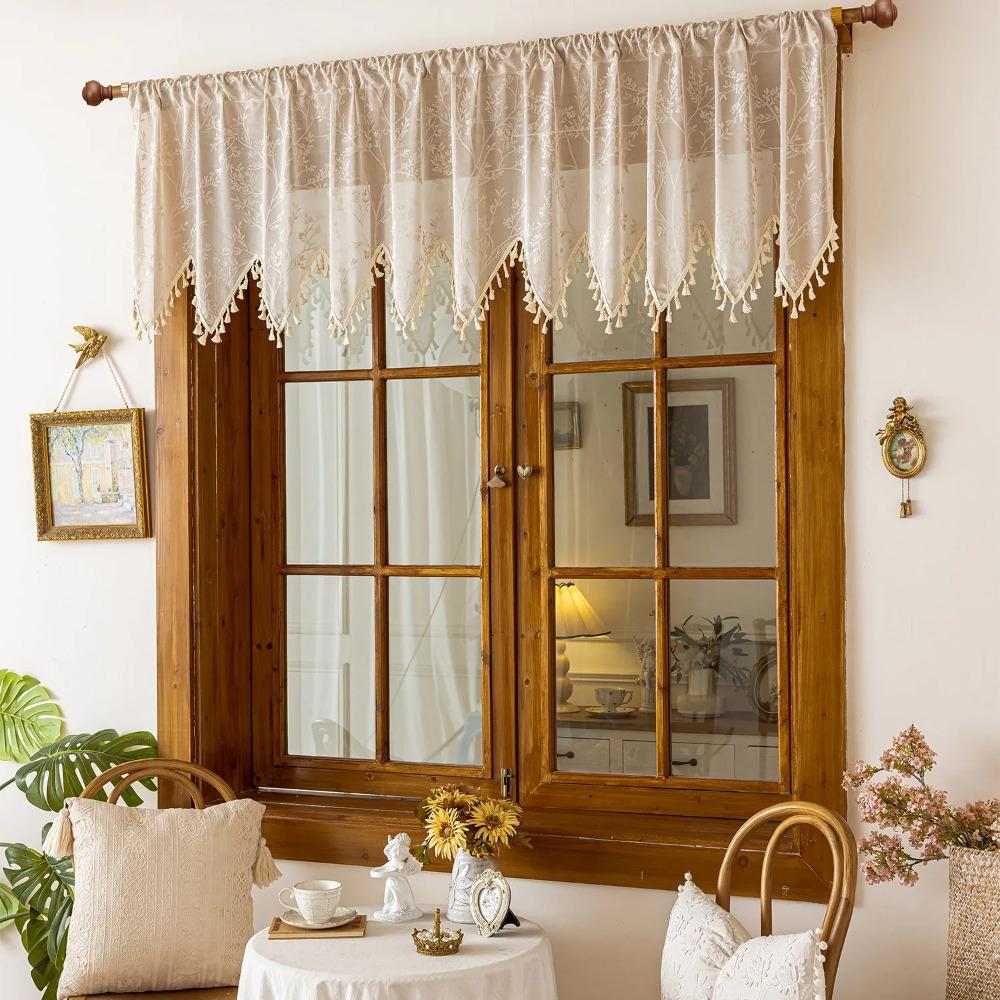 Rustic Style Summer Short Tulle Window Curtains Sun Shade Triangular Edge Lace Tulle Window Curtains Dustproof Breathable