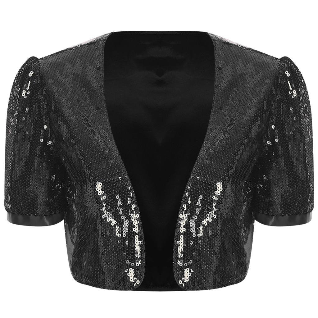 Womens Glitter Sequin Crop Jacket Short Sleeve Open Front Shiny Clubwear Party Outerwear Evening Cover Up