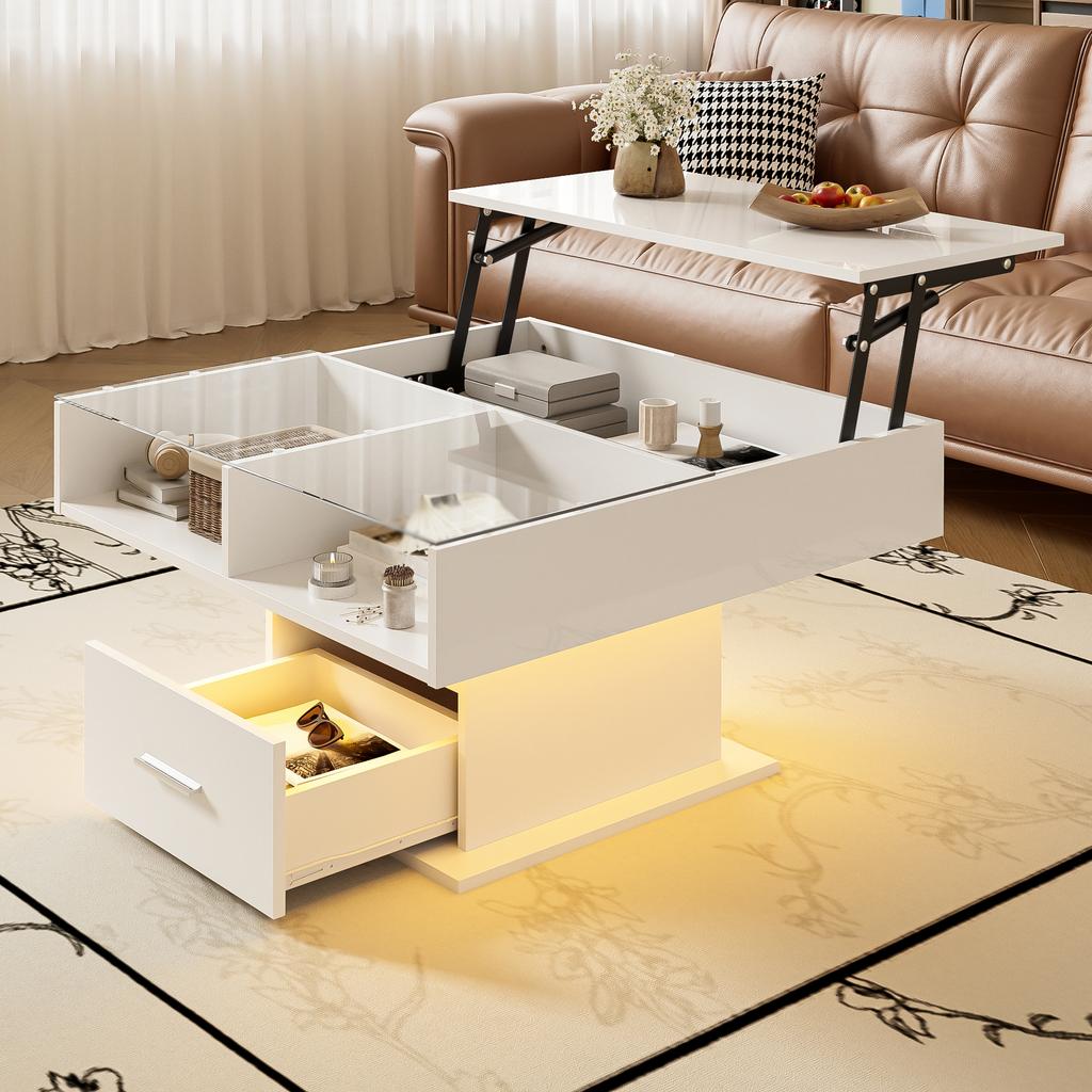 Multifunctional High-Gloss Lift Coffee Table with LED Lighting, Adjustable Height & Flexible Storage for Living Room, Office & Small Apartments