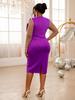 AOMEI Purple Midi Dresses Women O Neck Long See Through Sleeve Empire Evening Cocktail Party Dress
