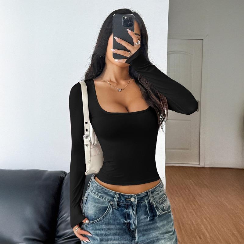 QICED Women's Fashion Casual Solid Color Print Long Sleeve U-Neck Blouses & Shirts