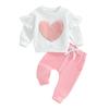 Toddler Girls Fall Outfits Heart Embroidery Ruffles Long Sleeve Sweatshirt and Elastic Sweatpants Set 2 Piece Clothes