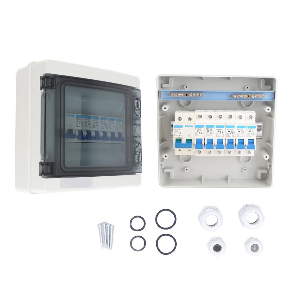 Waterproof Distribution Box 6 MCB(2xB6A+2xB16A+2xB32A) + Main Switch 100A 6 Way Style