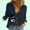 Women Fashion Cat Print Shirt Spring&summer Cotton Linen Top Ladies Casual Long Sleeved Blouses