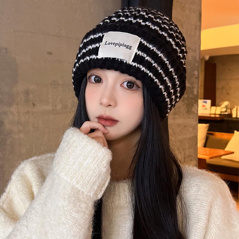 Women's Autumn and Winter Vintage Striped Knit Hat, Large Head Circumference, Face Slimming, Warm Ear Protection, Knitted Cold Weather Hat