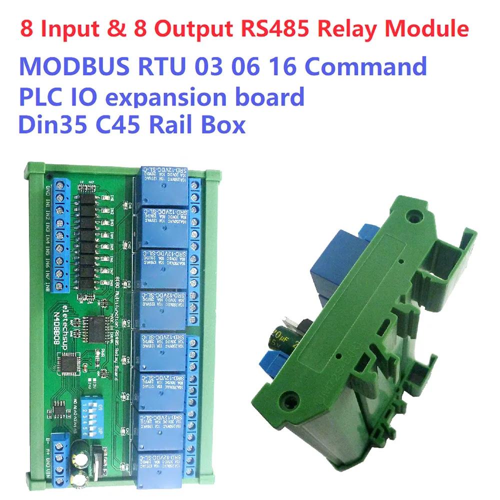 DC 12V/24V RS485 Modbus Relay Module 8 Inputs 8 Outputs Isolated Board DIN35 C45 Rail Box UART Modbus RTU Control Switch Module
