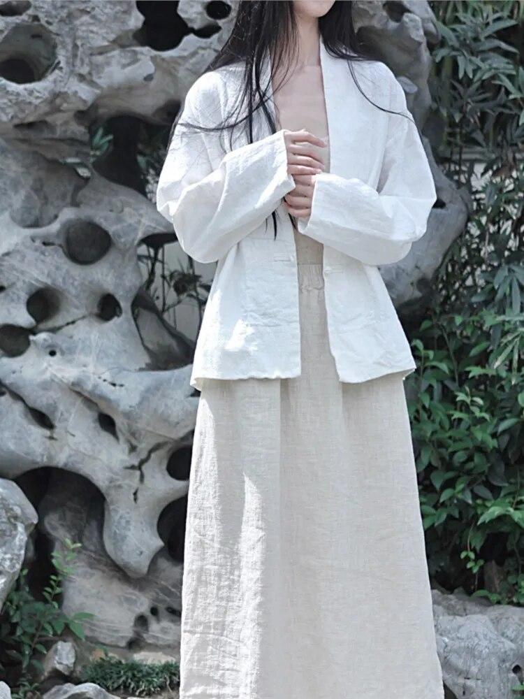 Johnature Autumn Woman Linen Vintage Disc Buckle Suit Coat Solid Color V-Neck Retro Loose Long Sleeves Coat