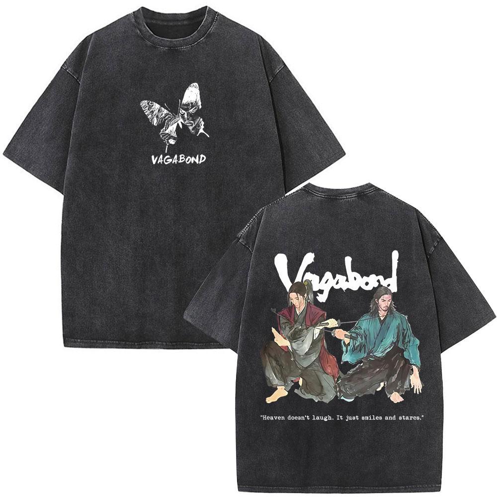 Vintage Washed Anime Vagabond Miyamoto Musashi Manga Tshirts Men Women Clothing Casual Cotton Short Sleeve Oversized T Shirts