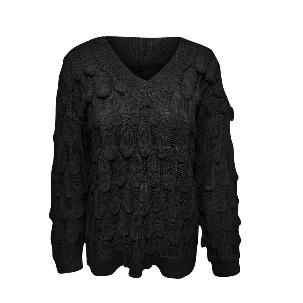 Women V-neck Solid Color Feather Hollowing Out Sexy Long Sleeves Sweater Tops