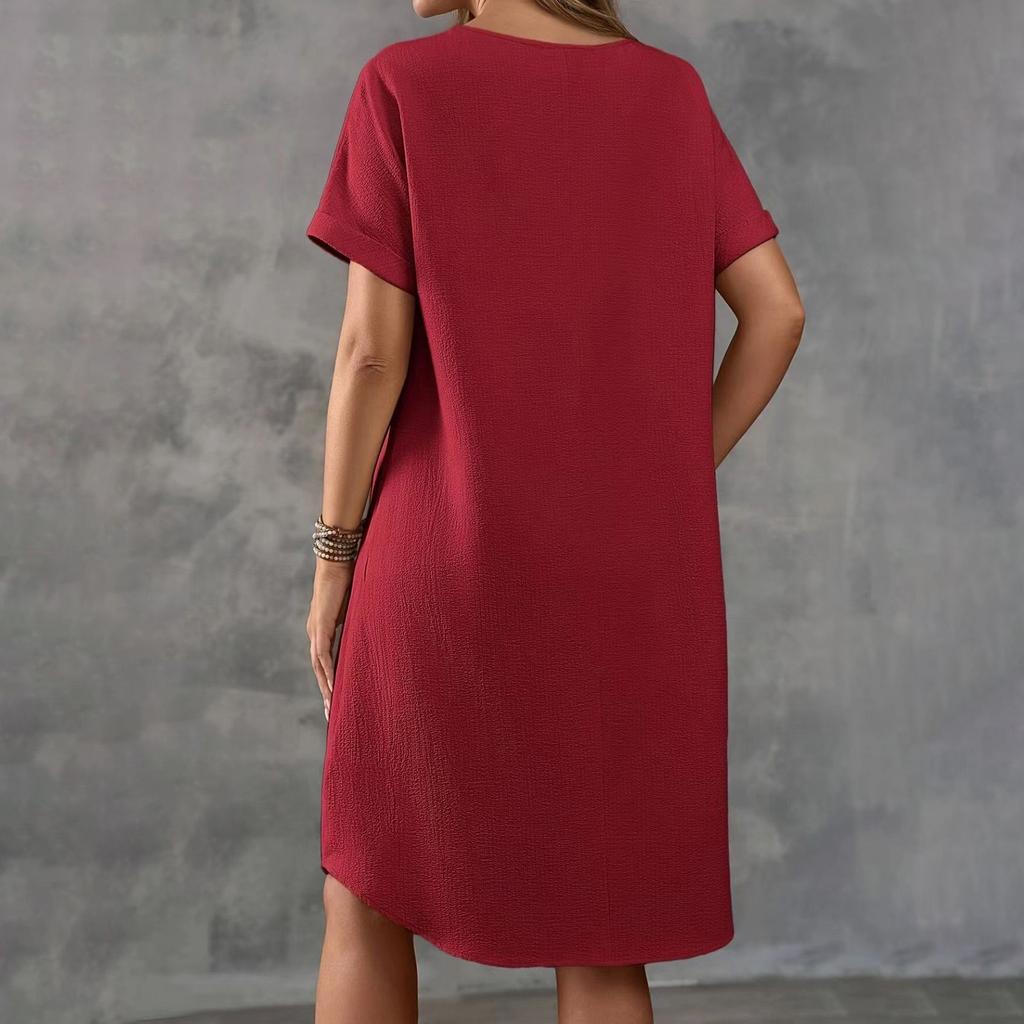 Женское летнее повседневное однотонное платье с круглым вырезом и коротким рукавом средней длины свободного покроя