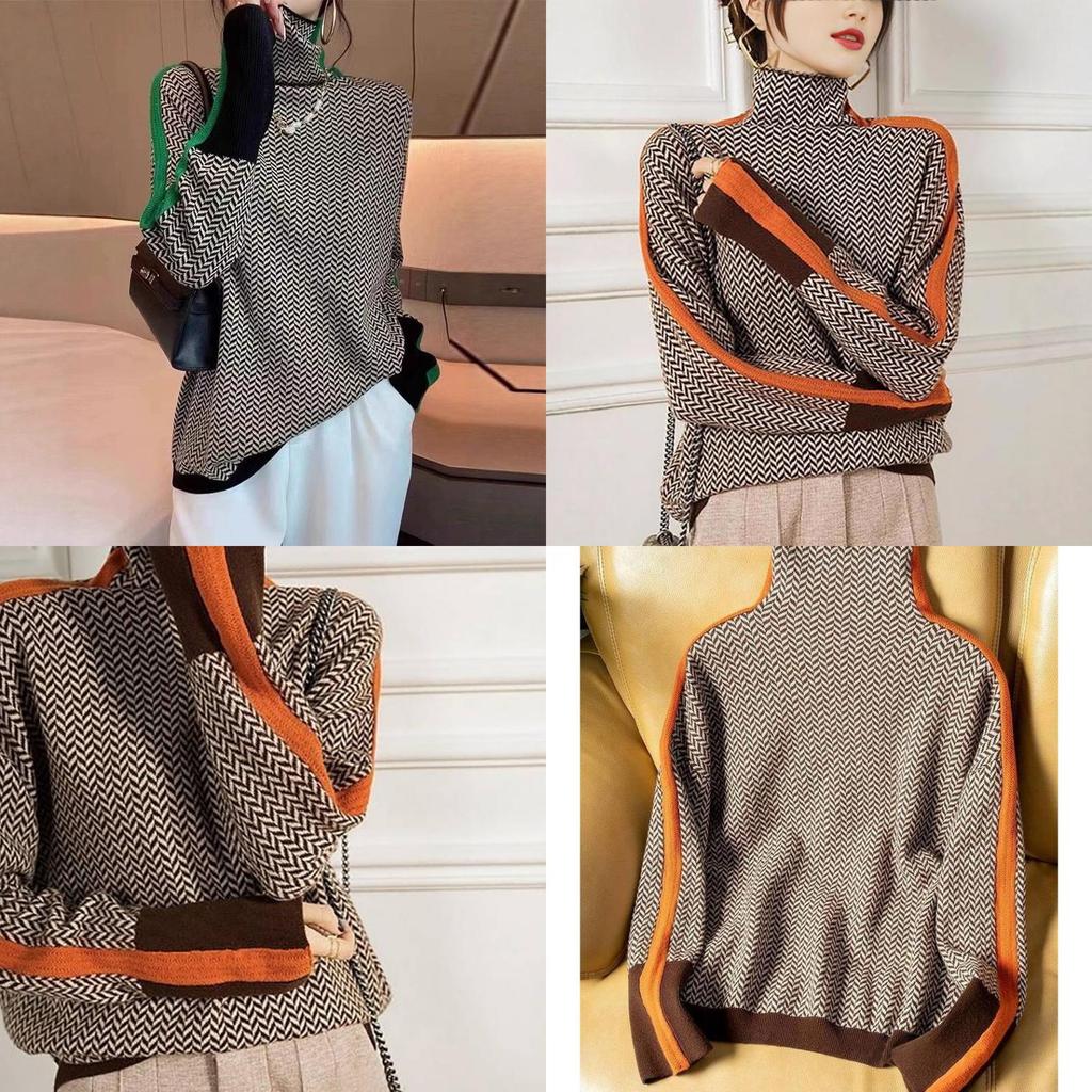 Geometric Pattern Knit Sweater With Color Block Edges For Women Fall
