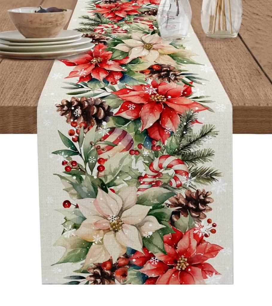 Christmas Silver Fir Leaves Snowflakes Wood Grain Linen Table Runners Kitchen Decoration Table Runner Festival Party Supplies