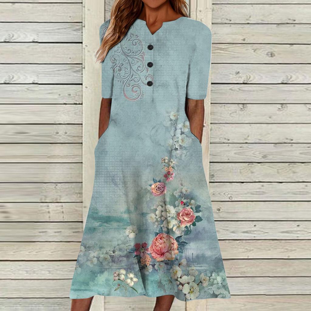 Summer Dress For Women 2023 Casual Printed V-Neck Short-Sleeve Beach Swing Dress