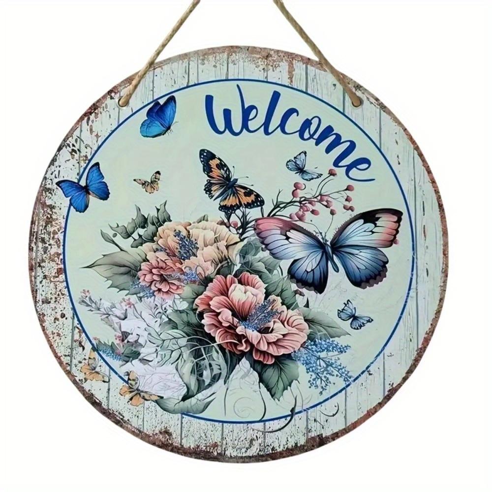 Vintage Welcome Flower Plant Sign, Round Wooden Wreath Sign for Home Room Farmhouse Porch Bar Cafe Wall Decor, Gift for Friends