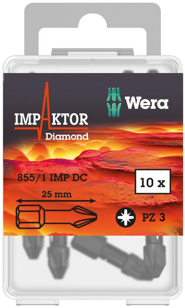 WERA Отвертка с алмазным покрытием PZ3 Режущая 25мм Общая 057622 Биты, Набор из 10 штук, Кромка, Длина,