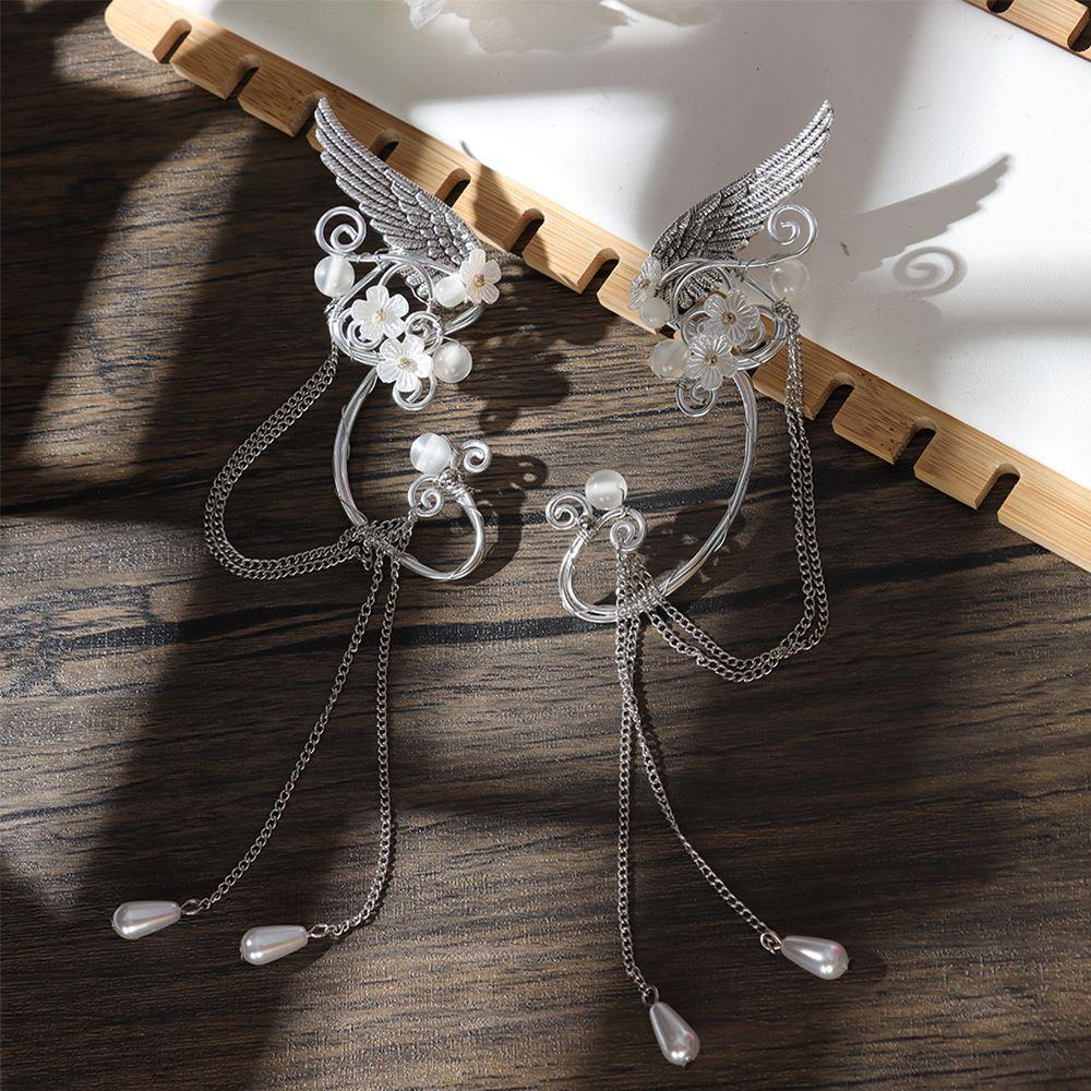 Charm Fairy Long Tassel Elf Ear Cuff Wrap Wings Resin Flowers No Piercing Elven Clip On Earrings For Women Cosplay Cosplay