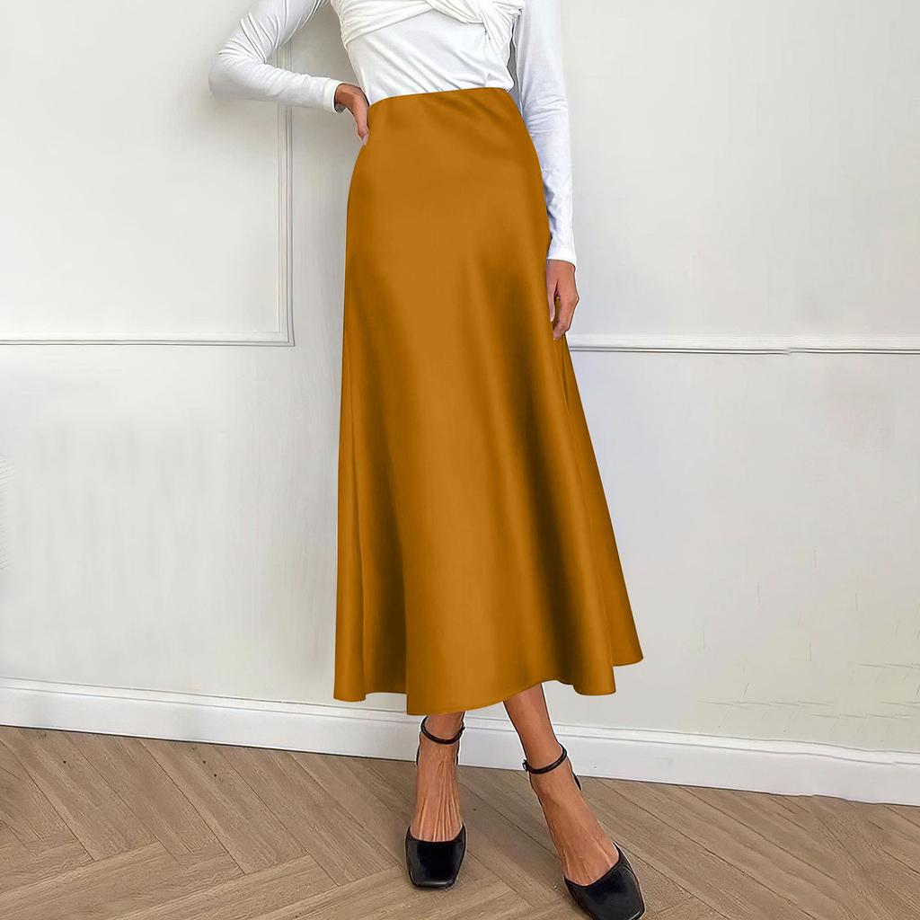 Женская атласная юбка-миди нарядная повседневная трапециевидная юбка с высокой талией и струящимися рюшами элегантные вечерние юбки