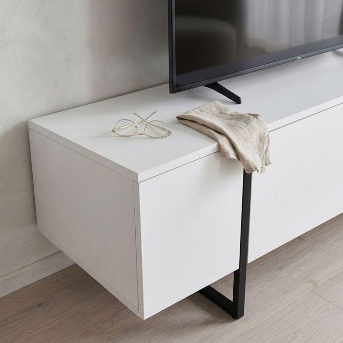 MENZZO Meuble TV moderne avec 2 portes Valmain L180cm Blanc et Métal Noir