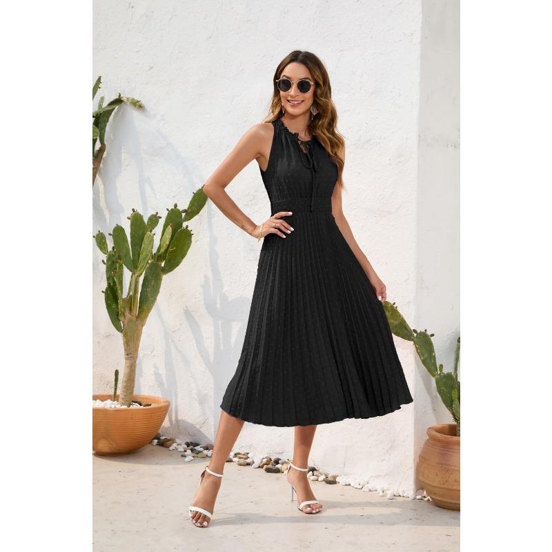 Tie High Waist Pressure Pleated Sleeveless Summer Casual Vacation Travel Dresses