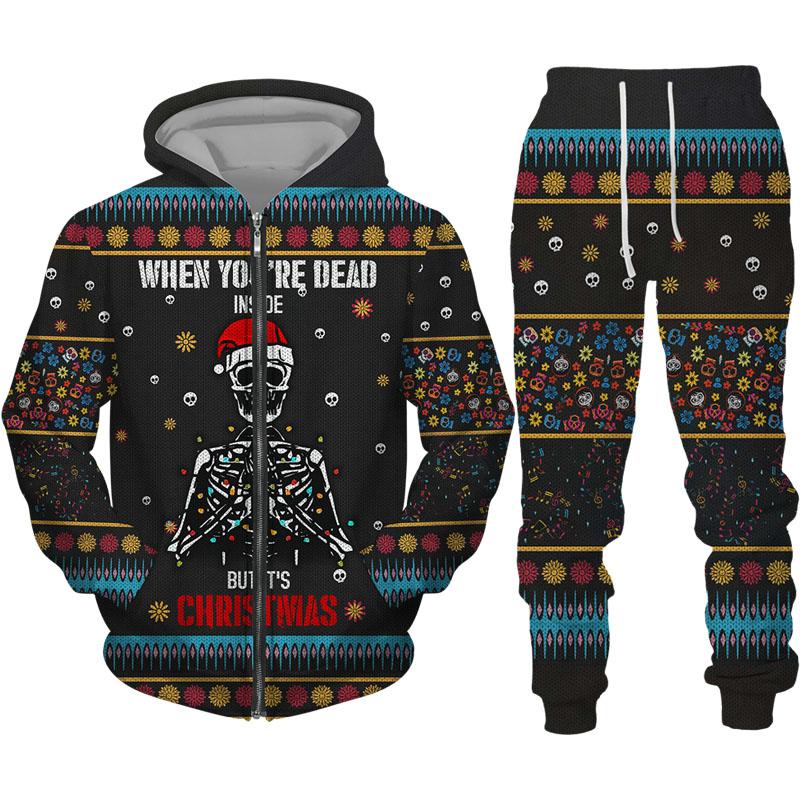Модные рождественские мужские толстовки с принтом черепа на молнии/брюки/комплект, тонкая куртка с капюшоном с узором, костюм для пары, уличная одежда