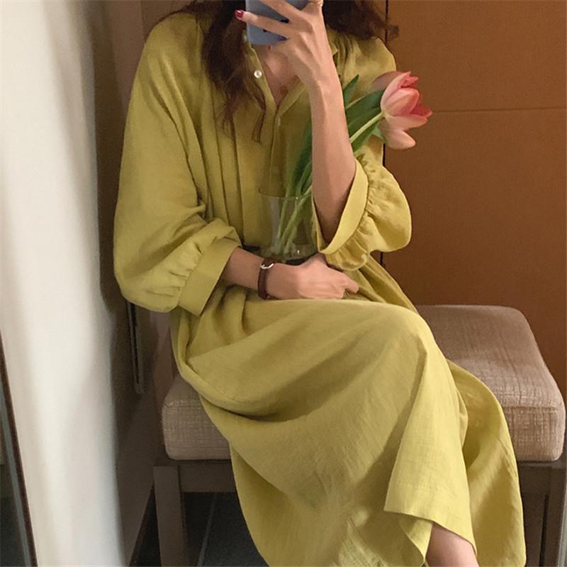 Весна и осень Новое свободное платье-рубашка из хлопка и льна в стиле ленивой моды, женственная юбка выше колена с V-образным вырезом
