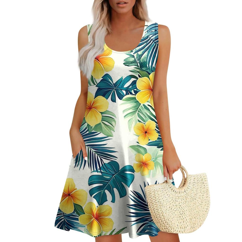 Women's Summer Casual Square Neck Floral Print Sleeveless Dress With Pockets