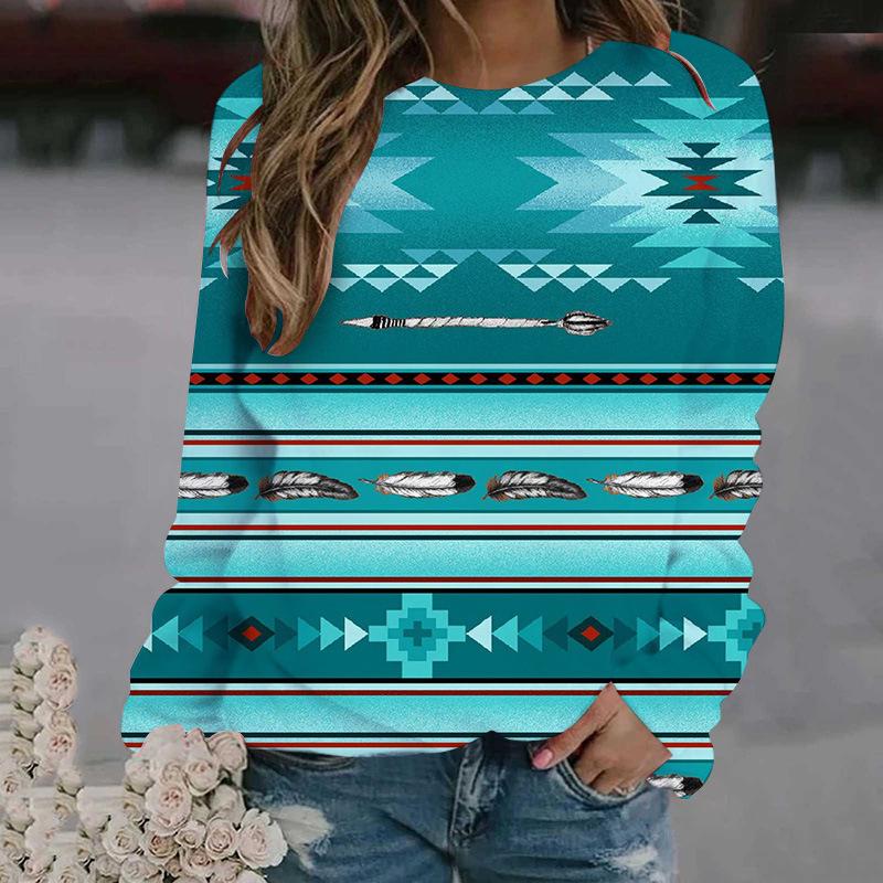 Весенне-осенний топ с круглым вырезом, 3D-принтом в этническом стиле, модная повседневная женская футболка с длинным рукавом