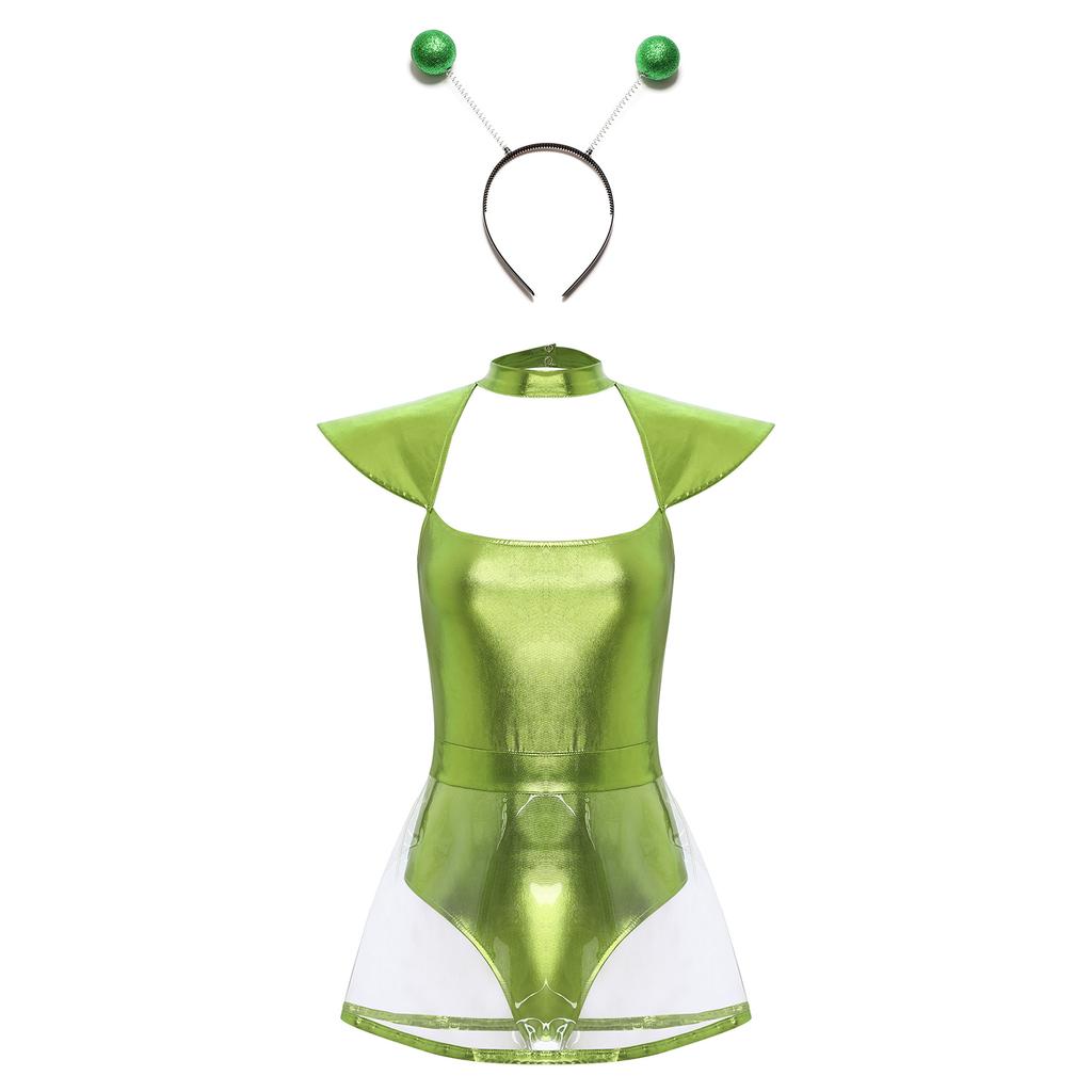 Womens Space Alien Cosplay Costume Fly Sleeve Cutout Briefs Bottom One Piece Bodysuit with PVC Skirt Hair Hoop Headband