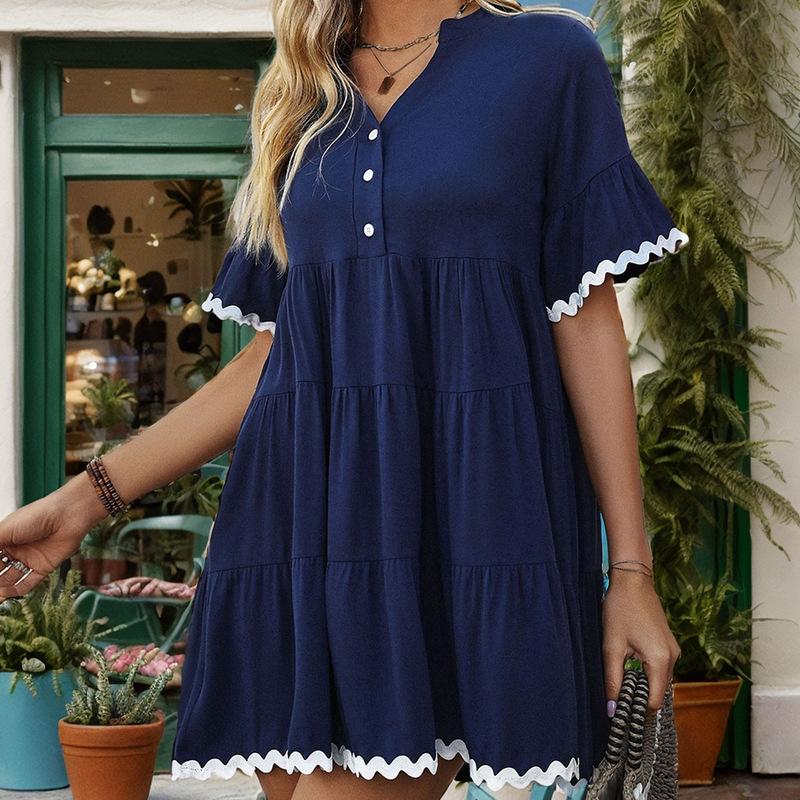 DAFIFY Женская мода лето весна однотонный принт с коротким рукавом v-образным вырезом трапециевидной формы с высокой талией повседневные платья