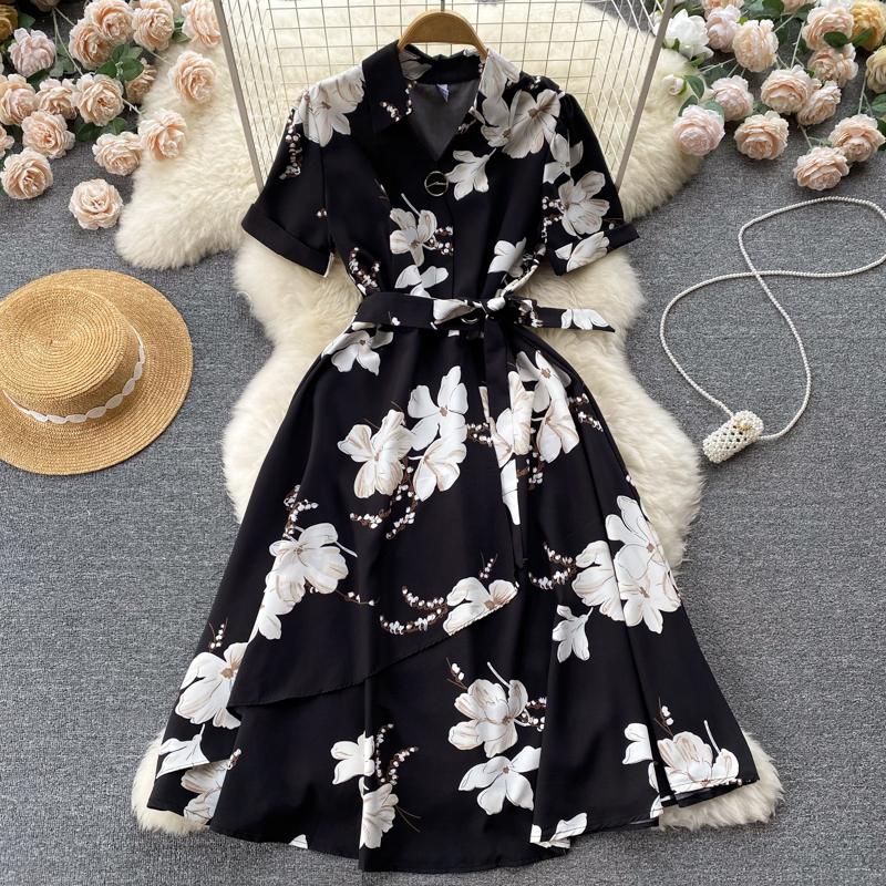 RUGOD Платье в праздничном стиле на шнуровке с принтом на талии. Летнее женское шикарное французское платье средней длины с короткими рукавами.