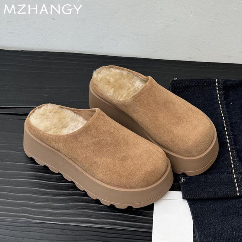 Women Suede Flats Cotton Slippers Platform Mules Shoes Woman 2025 Trend Fashion Winter Warm Casual Walking Snow Boots Flip Flops