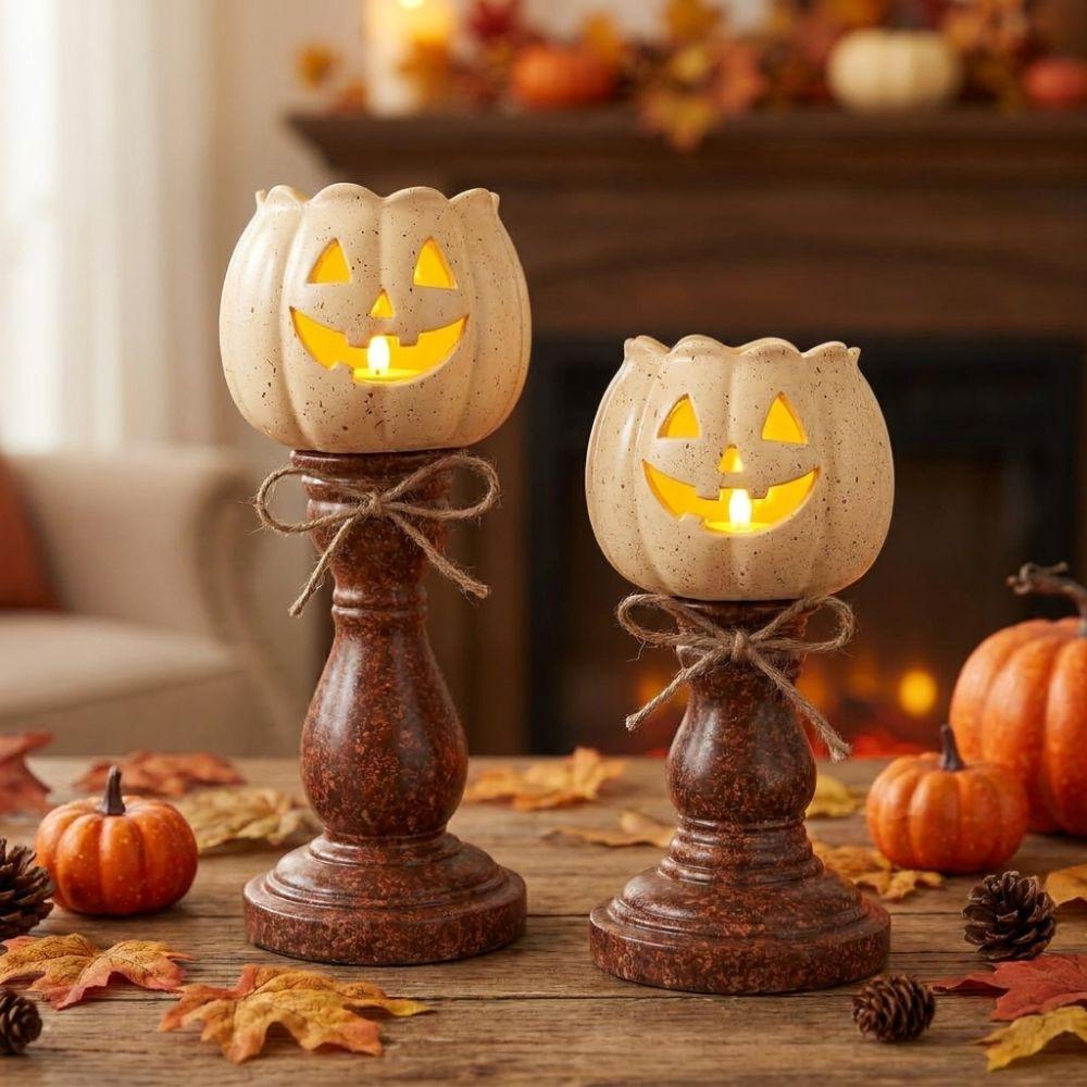Vintage Style Halloween Pumpkin Lamp with Bow Tealight Candle Holder Lamp Farmhouse Decor