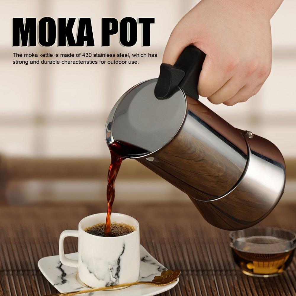 Серебристая мока-кофеварка из нержавеющей стали для плиты Кофеварка для плиты Мока-кофеварка для плиты Приготовление кофе