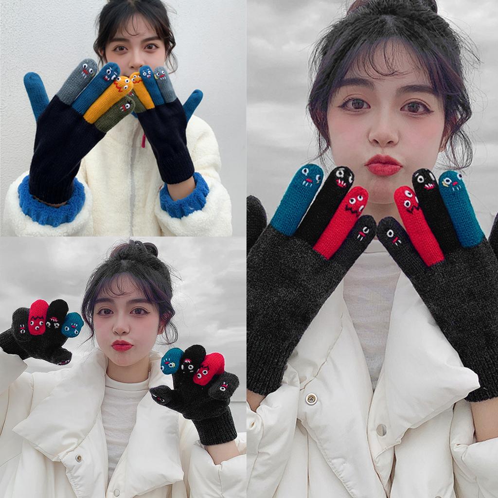 Забавный узор с инопланетным выражением, вязаные перчатки, зимние варежки с полными пальцами, утолщенные теплые рождественские велосипедные перчатки для девочек