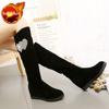 Fashion Long Boots for Women Rhinestone Black Knee High Shaft Shoes Woman Flat Demi-season Trend 2024 New Pu Footwear Spring Gyaru Rock