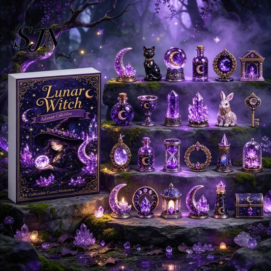 Holiday Gift for Magic Lovers Fantasy Advent Calendar Box with 24 Mini Acrylic 2D Ornaments, Christmas Countdown Kids Desktop Micro Landscape