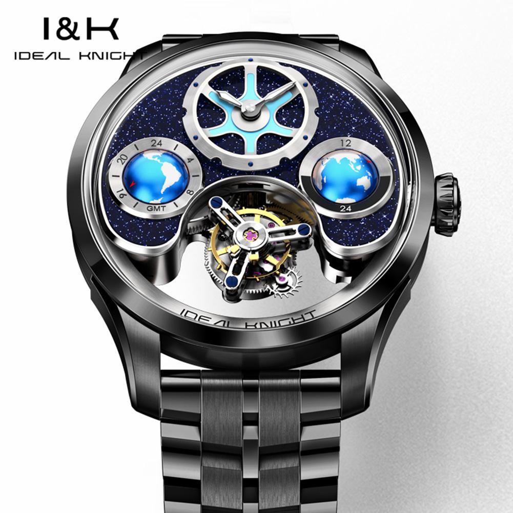 IDEAL KNIGHT 6808 Man Watch Blue Earth Dial Hollow Mechanical Watch For Men Waterproof Tourbillon Men's Automatic Wristwatch
